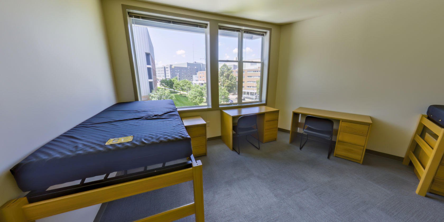 This third double room has a carpeted floor, a single bed with space below for storage, and shaded windows with a view overlooking the campus. There is bedside storage next to the bed and two desks with drawers near the windows.