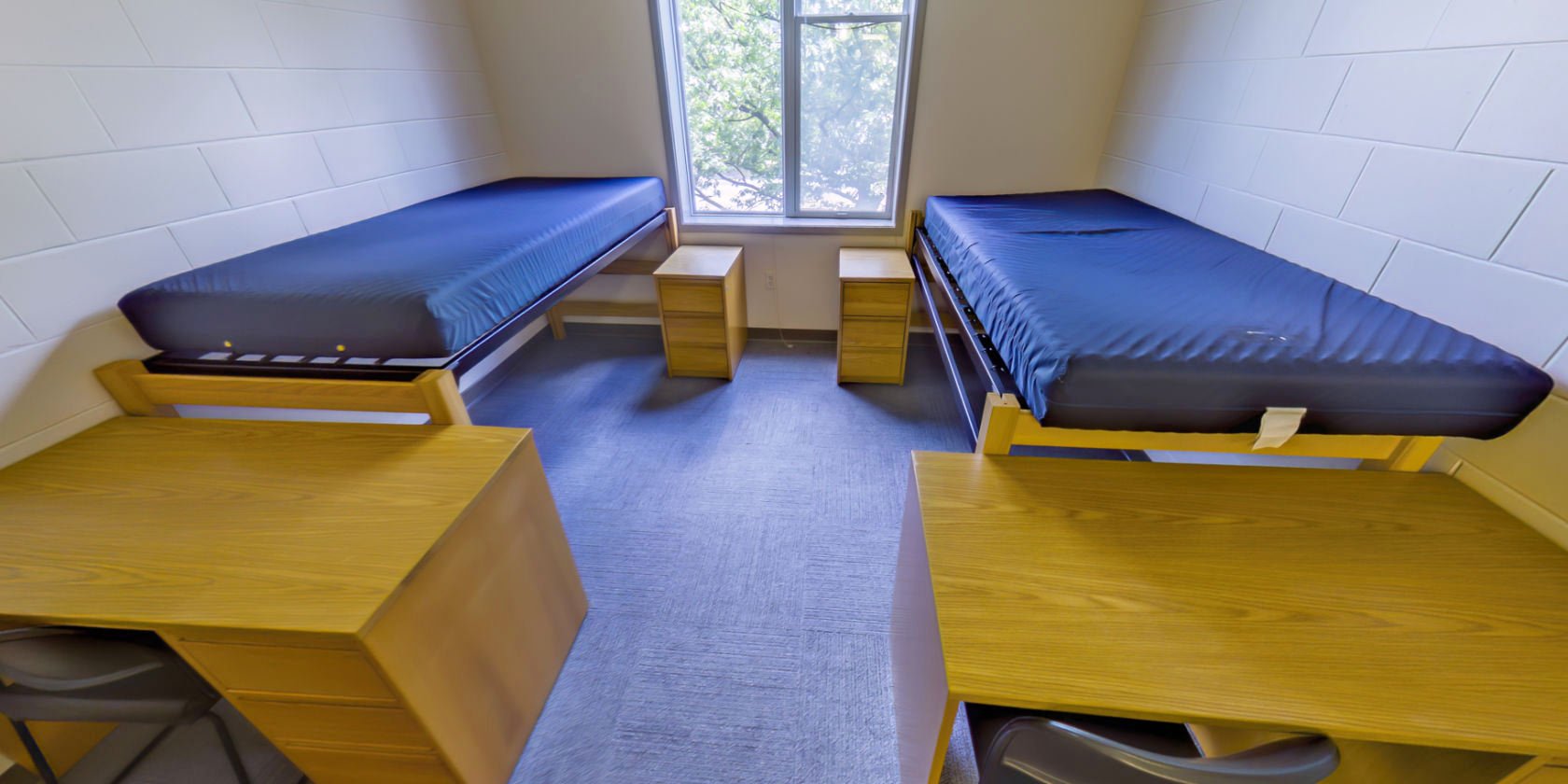 This second carpeted bedroom has two single beds with bedside storage, two desks with drawers, and shaded windows with a view overlooking the campus. There is space below the beds for additional storage.