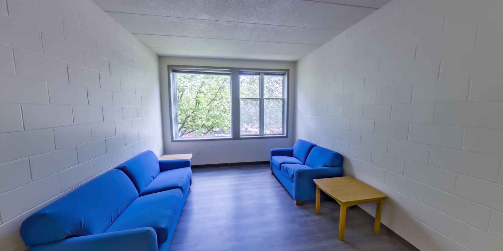 This common area has laminate flooring and shaded windows with a view overlooking the campus. There are sofas with a side table on opposite sides of the space.